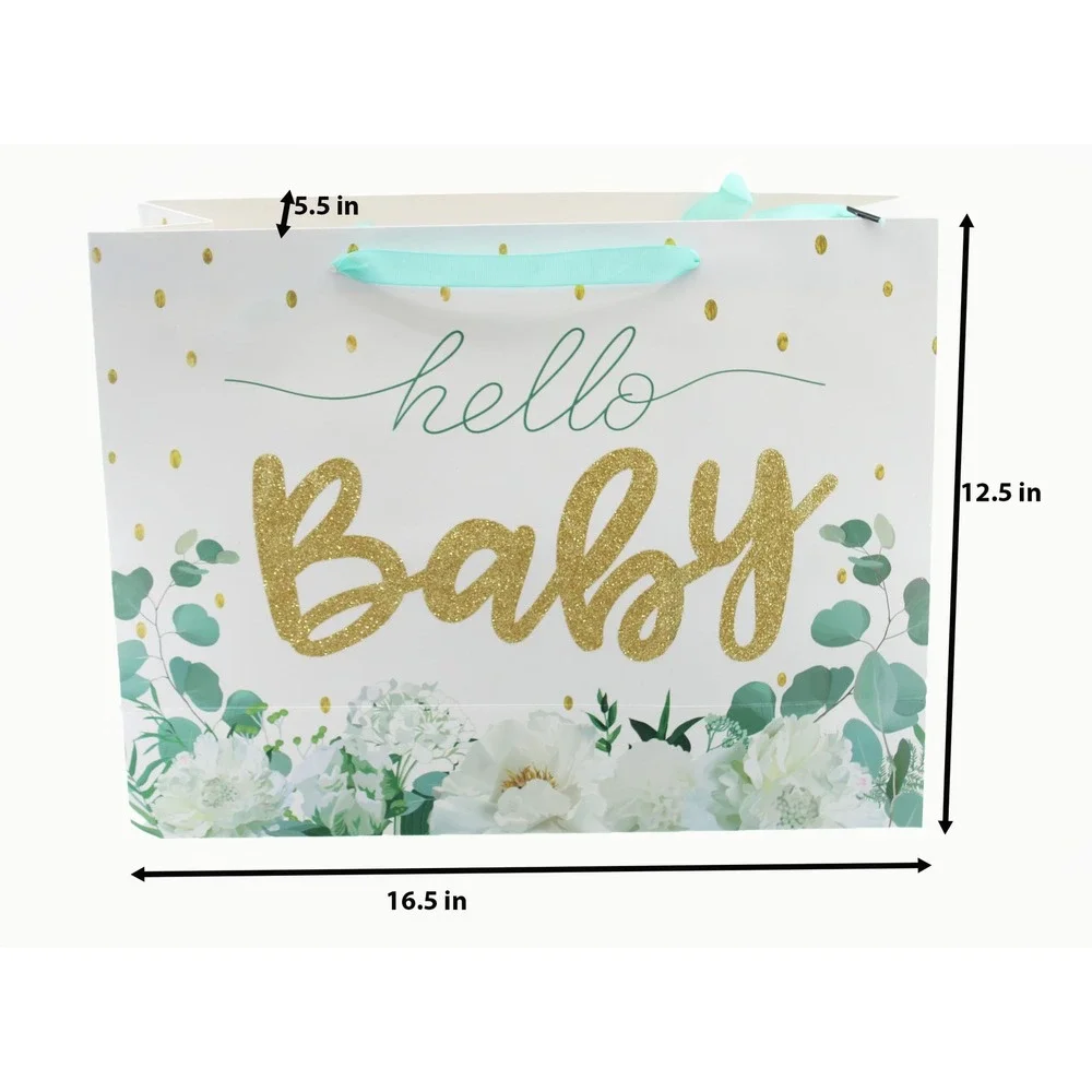 Hello Baby Large Gift Bag Gold Glitter FloralWhite Teal 16.5‎ in x 12.5 in